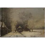 Louis Apol, Figures Walking on a Winter Village Road, Oil on board