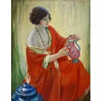 Matteo Sandona, A Woman in a Red Kimono Examining a Ceramic, Oil on canvas