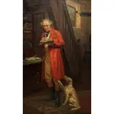 John Alfred Mohlte, Gentleman in a Red Coat Reading with a Dog, Oil on canvas