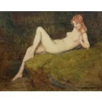 Warren B. Davis, Lounging Nymph, Oil on canvas board