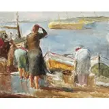 Pál Fried, Woman at the Shore with Boats, Oil on canvas
