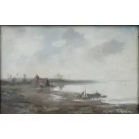 Géza Mészöly, Cloudy Landscape on the Shore of a Lake, Oil on canvas