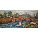 Ruth McCann, River Scene with Bridge and Boats, Oil on canvas