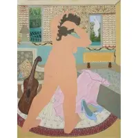 Mildred M. Resnick, Nude Woman in an Interior with a Guitar, Mixed media on board