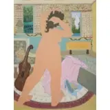 Mildred M. Resnick, Nude Woman in an Interior with a Guitar, Mixed media on board