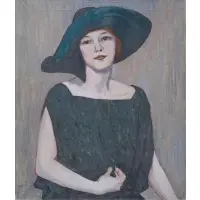 Allen Tucker, Woman in Green with Hat, Oil on canvas