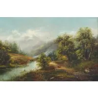 L.J. Bouyet, Landscape with Figures and River, Oil on canvas