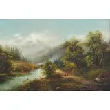 L.J. Bouyet, Landscape with Figures and River, Oil on canvas