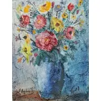 Zvi Raphaeli, Still-Life of Flowers in a Blue Vase, Oil on board