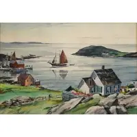 Carl Ivar Gilbert, Hanging the Laundry, Coastal Harbour Scene, Watercolor on paper