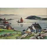 Carl Ivar Gilbert, Hanging the Laundry, Coastal Harbour Scene, Watercolor on paper