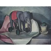 Dick Conyn, Still Life with Toy Elephant and Potted Plant, Oil on canvas