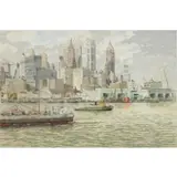 Hans Figura, View From Staten Island Ferry, NYC, Aquatint etching in color