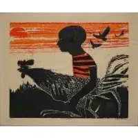 Walter Williams, Fighting Cocks, #3, Colored woodcut on imitation Japan paper