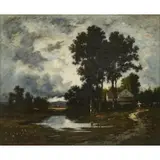 Léon Richet, A Figure on a Path Near a House and Pond, Oil on canvas