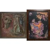 Outsider Art, Woman With Bottle and Tree, Oil on wooden furniture top