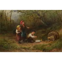 J. C. Thom, Children Feeding Chicks, Oil on canvas