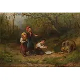 J. C. Thom, Children Feeding Chicks, Oil on canvas