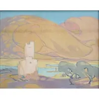 Homer E. Ellerston, Landscape with Castle and Figure on River, Oil on canvas