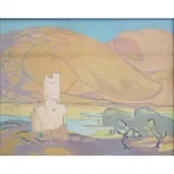 Homer E. Ellerston, Landscape with Castle and Figure on River, Oil on canvas
