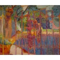 Louis Bartig, Abstract Composition with Figures and Fence, Oil on canvas