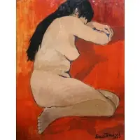 Enza Tomassi, Nude Woman with Red Background, Acrylic on paper