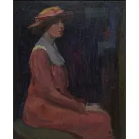 Yasushi Tanaka, Madame Tanaka, in a Red Dress and Hat, Oil on canvas