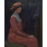 Yasushi Tanaka, Madame Tanaka, in a Red Dress and Hat, Oil on canvas