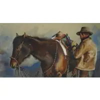 William "Willy" Matthews, Cowboy Preparing His Saddle, Watercolor on paper