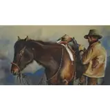 William "Willy" Matthews, Cowboy Preparing His Saddle, Watercolor on paper