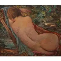 Yasushi Tanaka, Reclining Nude From The Back, Oil on board