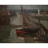 Yasushi Tanaka, Boat in Harbor, Oil on board