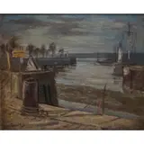 Yasushi Tanaka, Misty Harbour Dock, Oil on canvas
