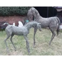 Siri Hollander, Mare and foal, Brutalist bronze life size sculpture of mare and foal