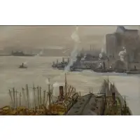 Parker Newton, Lower Manhattan from Brooklyn, Oil on board