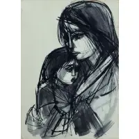 Ruth Schloss, Mother and Child, Mixed media on paper
