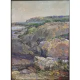 Edward J. Holslag, Rocky Coastal Scene with Houses, Oil on canvas