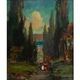 Edward J. Holslag, Figures Between the Trees, Oil on board