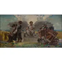 Edward J. Holslag, Mural Study: Winged Woman Flanked by Pioneer Man and Boy, and Indians, Oil on canvas