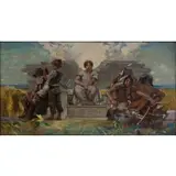 Edward J. Holslag, Mural Study: Winged Woman Flanked by Pioneer Man and Boy, and Indians, Oil on canvas