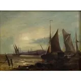 Edward J. Holslag, Beached Boats with Morning Tide, Oil on canvas