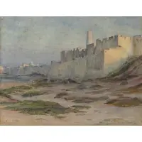 Walter Frederic Roofe Tyndale, Figures Camped Outside a City Fort Wall, Watercolor on paper