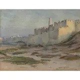 Walter Frederic Roofe Tyndale, Figures Camped Outside a City Fort Wall, Watercolor on paper