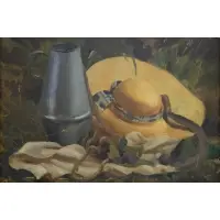 Jean Léon, Plein-Air Still-life with Straw Hat and Watering Can, Oil on canvas mounted on card