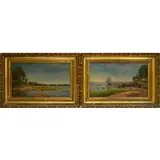 George Thompson Hobbs, Costal Inlet with Figures watching Sail Boats, Oil on board