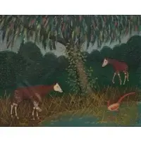 Lawrence Lebduska, Okapis In Landscape, Oil on masonite