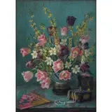 Adele Herter, Bowl Of Flowers with Fan, Pearls, and Jewelry Box, Pastel on paper laid to canvas