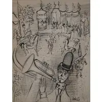 Charles Cobelle, Clown with Trumpet at the Circus, Pen and ink wash with colored pencil