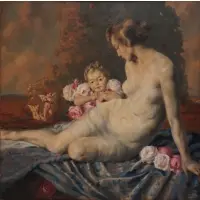 Peter Hamme, Woman with Putti and Flowers, Oil on artist board laid to masonite