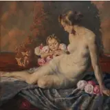 Peter Hamme, Woman with Putti and Flowers, Oil on artist board laid to masonite